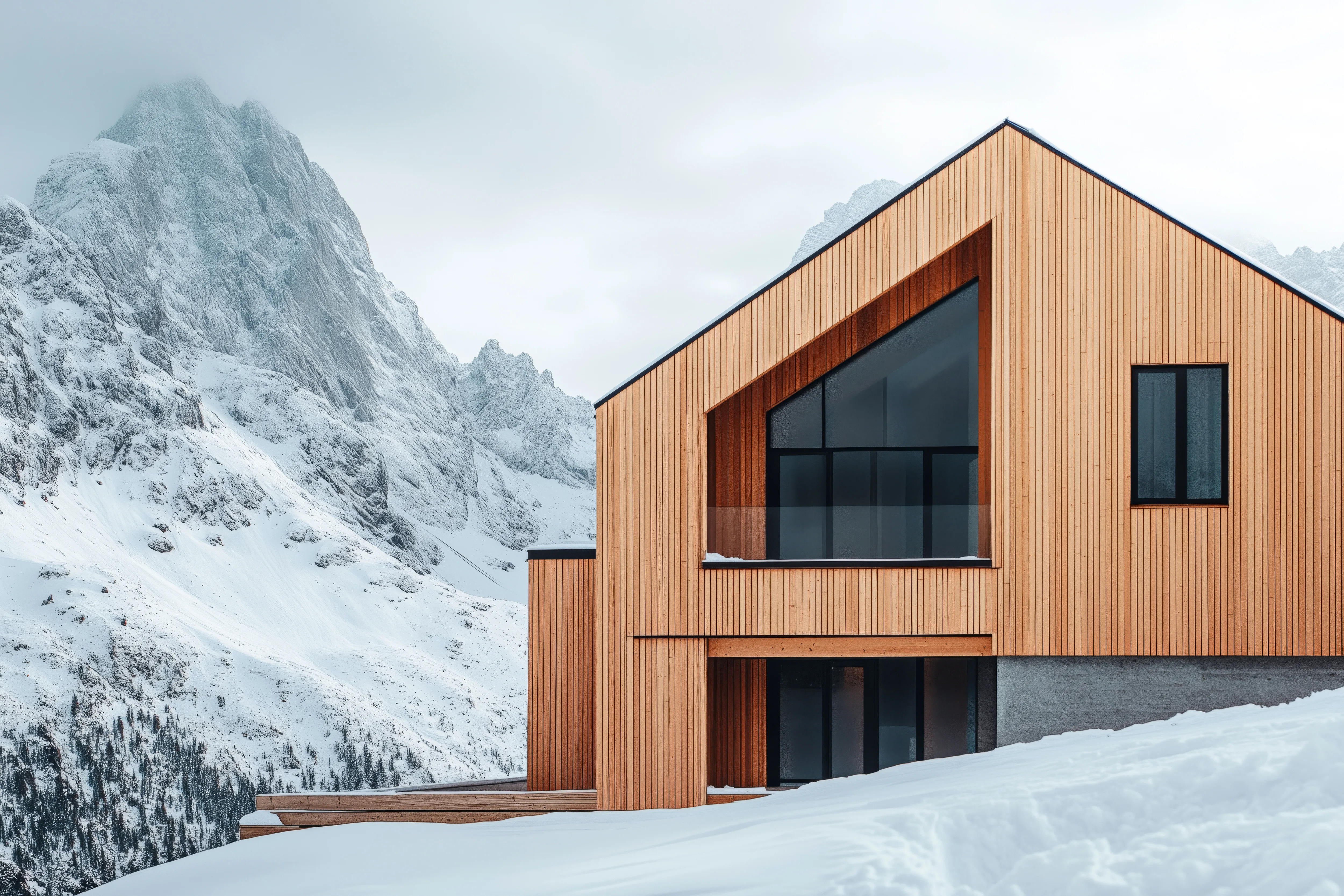 Modernes alpines Holzhaus vor verschneiter Bergkulisse